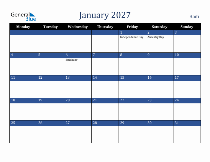 January 2027 Haiti Calendar (Monday Start)