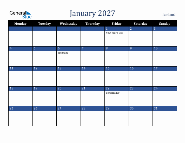 January 2027 Iceland Calendar (Monday Start)