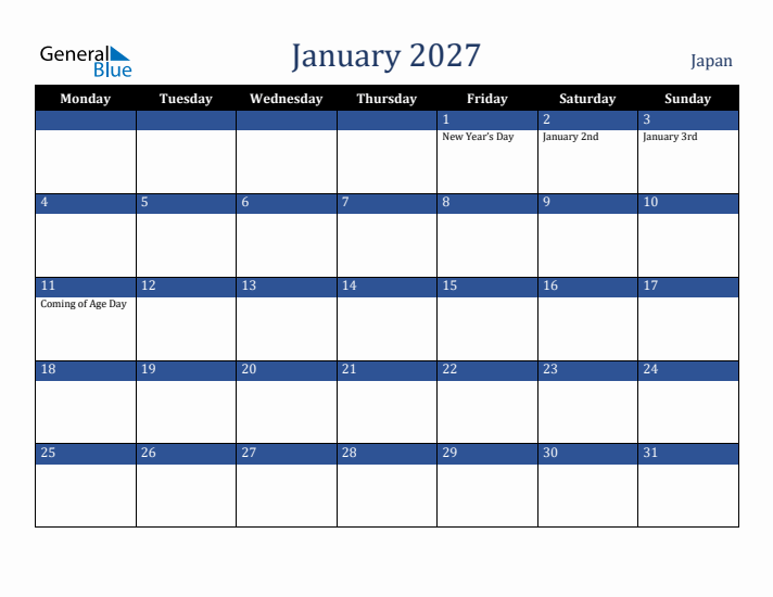 January 2027 Japan Calendar (Monday Start)