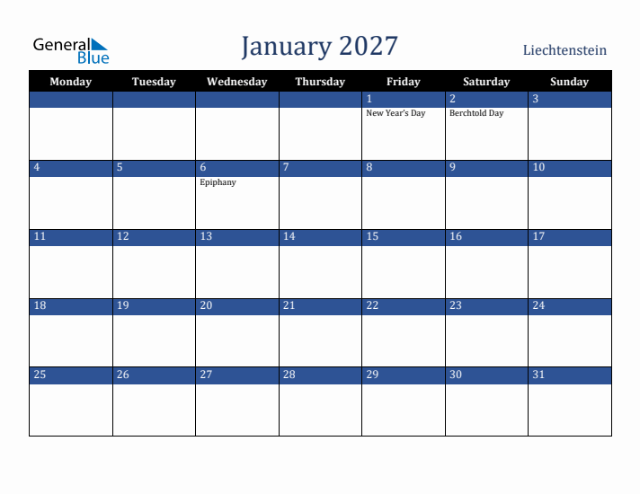 January 2027 Liechtenstein Calendar (Monday Start)