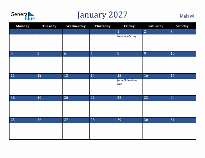 January 2027 Malawi Calendar (Monday Start)