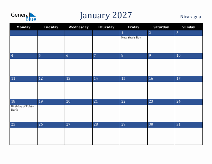 January 2027 Nicaragua Calendar (Monday Start)