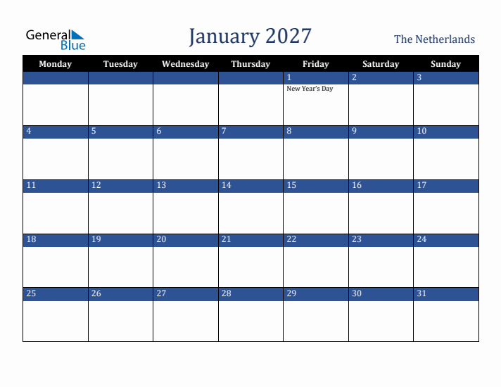 January 2027 The Netherlands Calendar (Monday Start)