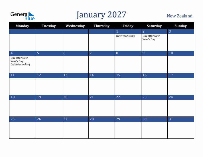 January 2027 New Zealand Calendar (Monday Start)