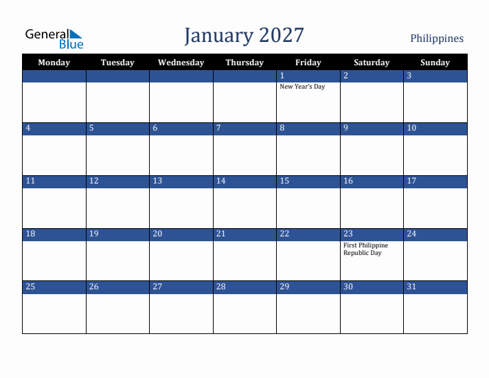 January 2027 Philippines Calendar (Monday Start)