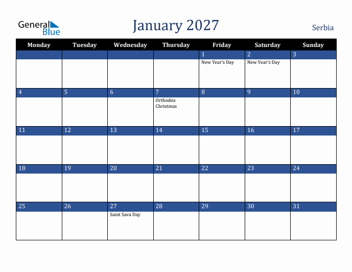January 2027 Serbia Calendar (Monday Start)