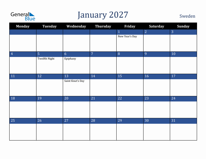 January 2027 Sweden Calendar (Monday Start)
