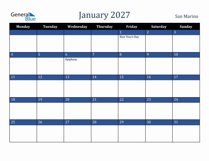 January 2027 San Marino Calendar (Monday Start)
