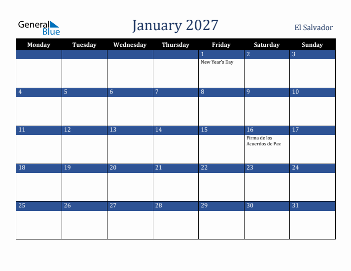 January 2027 El Salvador Calendar (Monday Start)