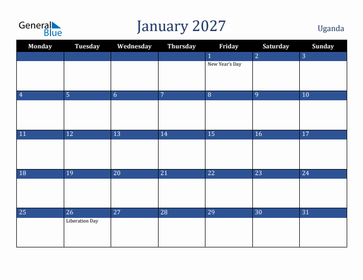 January 2027 Uganda Calendar (Monday Start)