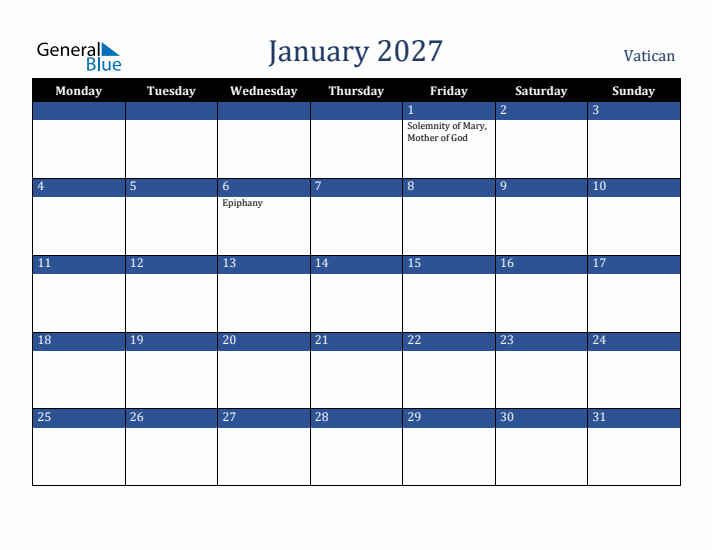 January 2027 Vatican Calendar (Monday Start)