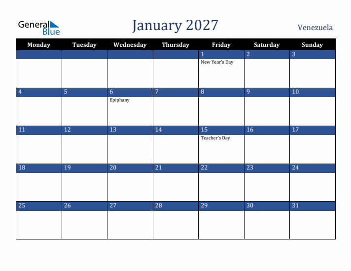 January 2027 Venezuela Calendar (Monday Start)