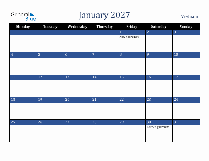 January 2027 Vietnam Calendar (Monday Start)