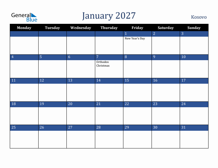 January 2027 Kosovo Calendar (Monday Start)