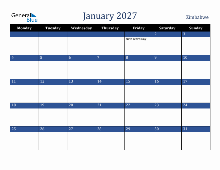 January 2027 Zimbabwe Calendar (Monday Start)