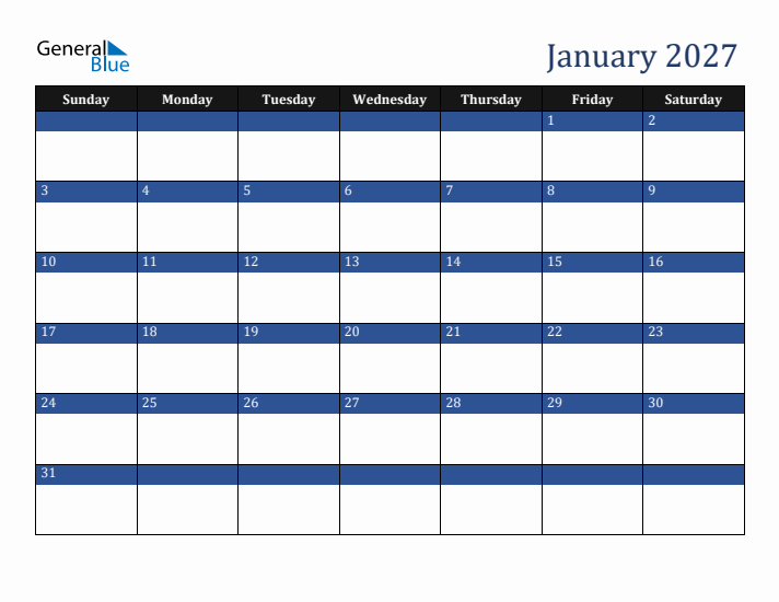 Sunday Start Calendar for January 2027