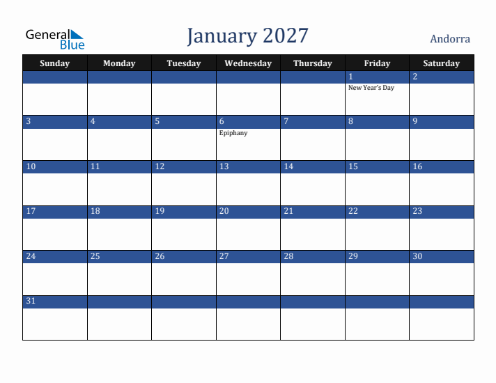 January 2027 Andorra Calendar (Sunday Start)