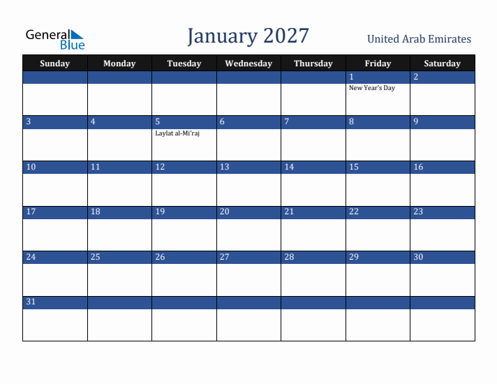 January 2027 United Arab Emirates Calendar (Sunday Start)