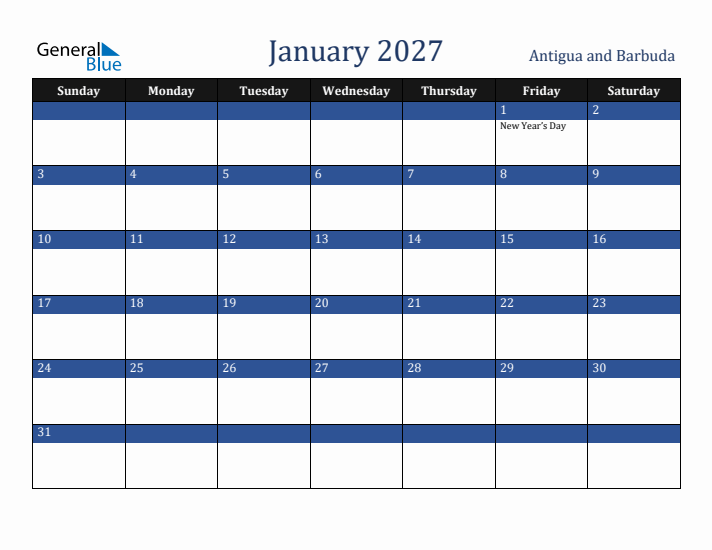 January 2027 Antigua and Barbuda Calendar (Sunday Start)