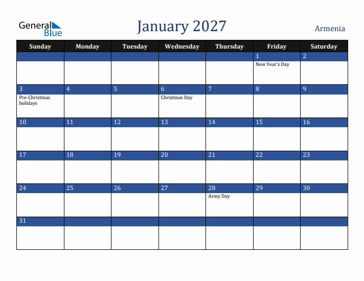 January 2027 Armenia Calendar (Sunday Start)