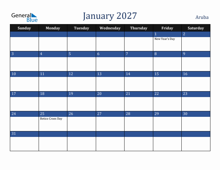 January 2027 Aruba Calendar (Sunday Start)