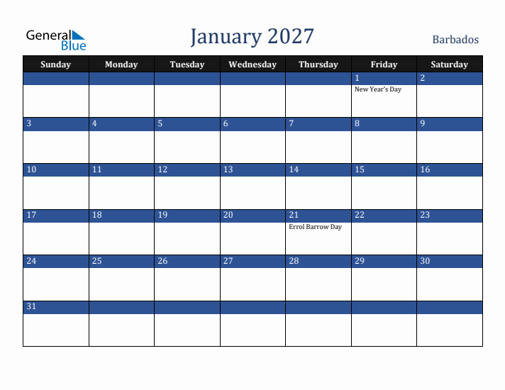 January 2027 Barbados Calendar (Sunday Start)