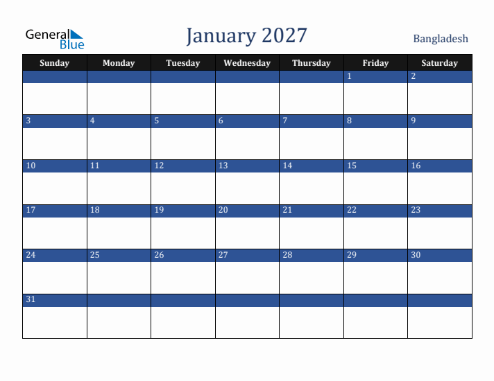 January 2027 Bangladesh Calendar (Sunday Start)