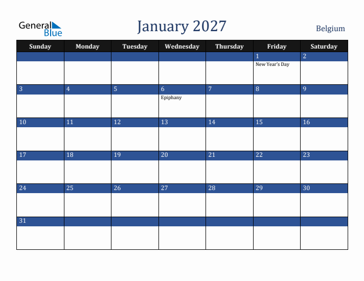 January 2027 Belgium Calendar (Sunday Start)