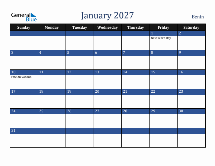 January 2027 Benin Calendar (Sunday Start)