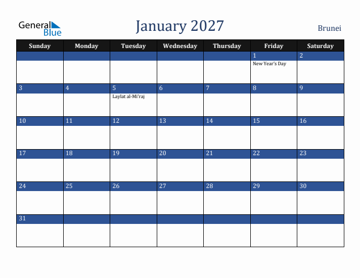 January 2027 Brunei Calendar (Sunday Start)