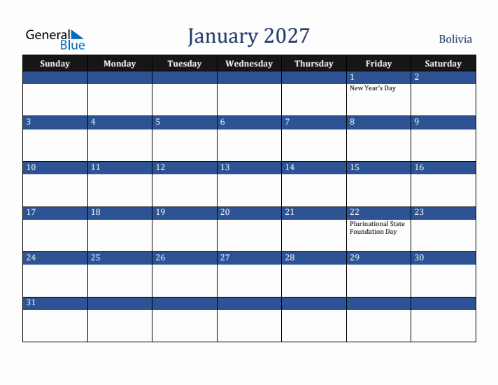 January 2027 Bolivia Calendar (Sunday Start)