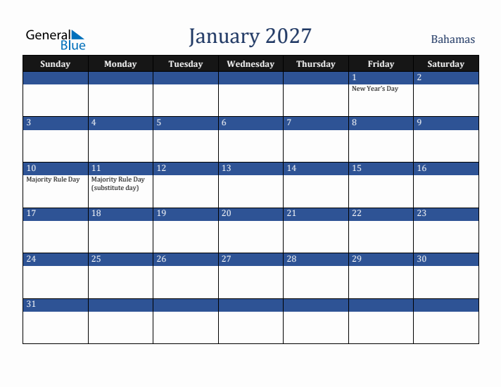 January 2027 Bahamas Calendar (Sunday Start)
