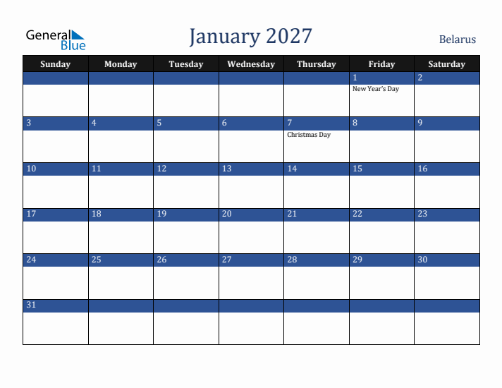 January 2027 Belarus Calendar (Sunday Start)