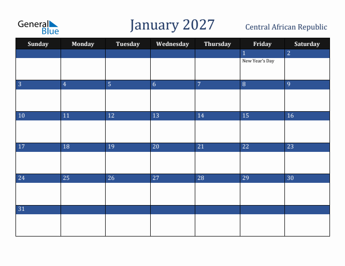 January 2027 Central African Republic Calendar (Sunday Start)