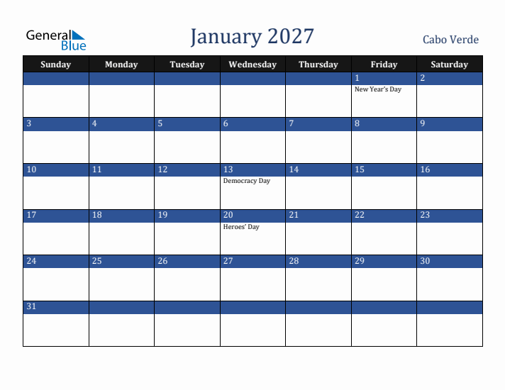 January 2027 Cabo Verde Calendar (Sunday Start)
