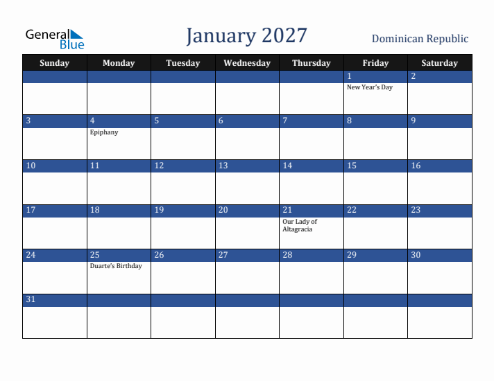 January 2027 Dominican Republic Calendar (Sunday Start)