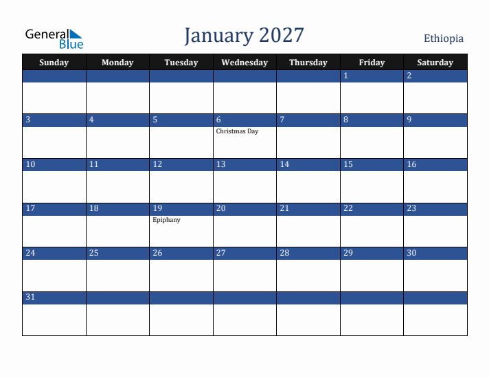 January 2027 Ethiopia Calendar (Sunday Start)