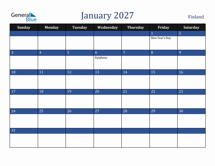 January 2027 Finland Calendar (Sunday Start)