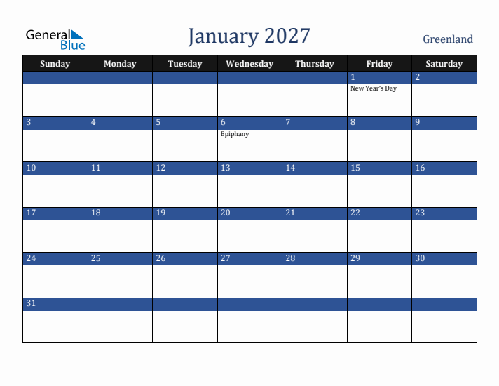 January 2027 Greenland Calendar (Sunday Start)