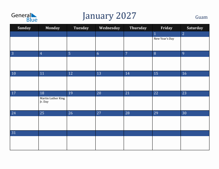January 2027 Guam Calendar (Sunday Start)