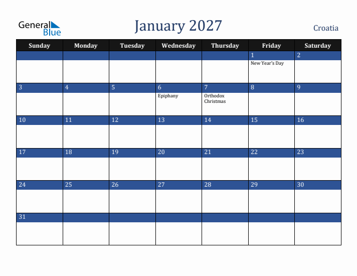 January 2027 Croatia Calendar (Sunday Start)