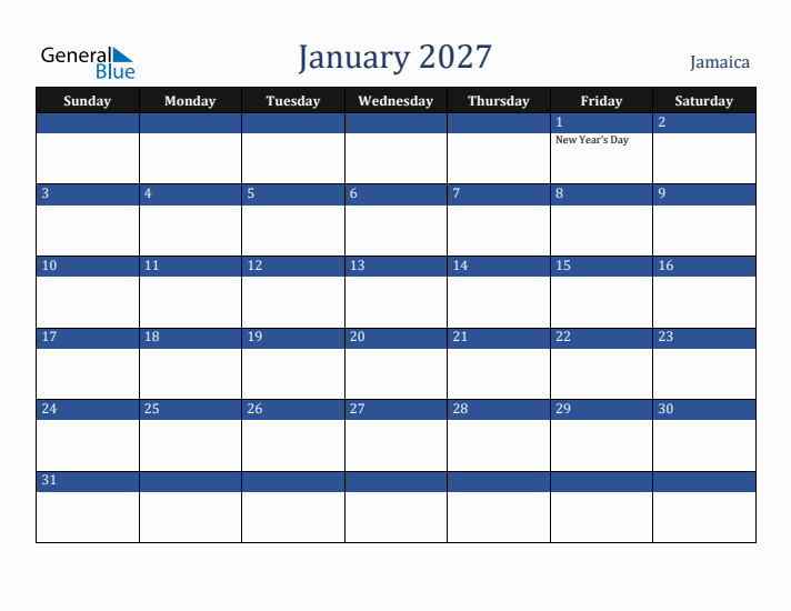 January 2027 Jamaica Calendar (Sunday Start)