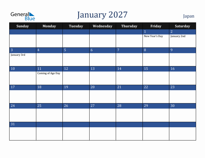 January 2027 Japan Calendar (Sunday Start)