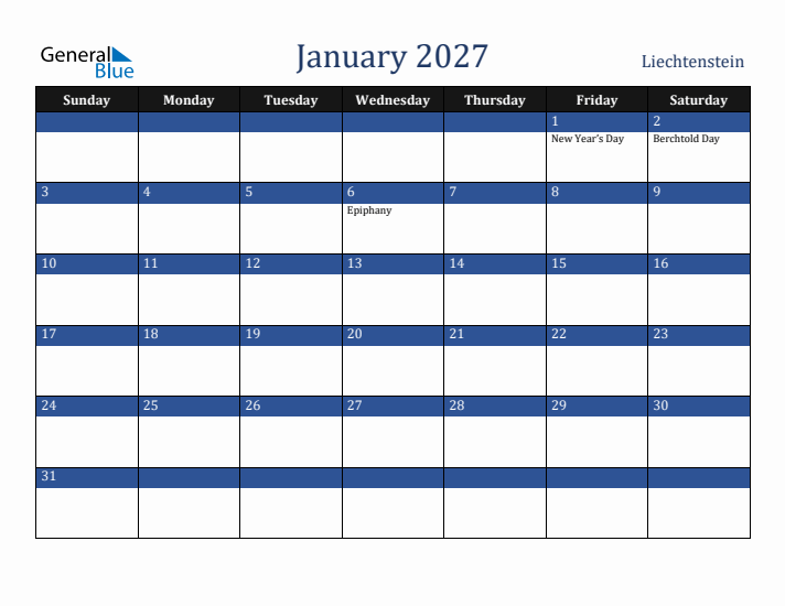January 2027 Liechtenstein Calendar (Sunday Start)