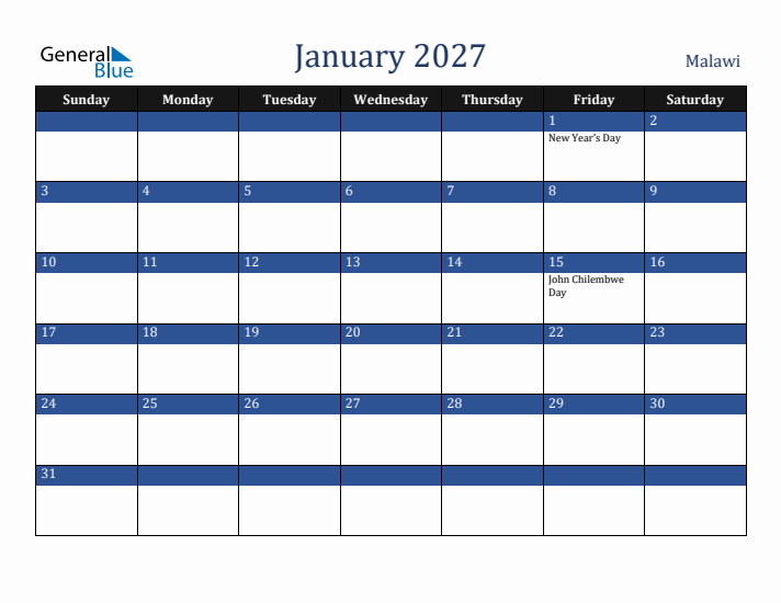 January 2027 Malawi Calendar (Sunday Start)