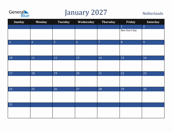 January 2027 The Netherlands Calendar (Sunday Start)