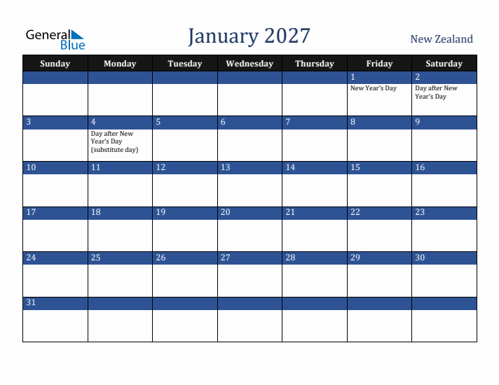 January 2027 New Zealand Calendar (Sunday Start)