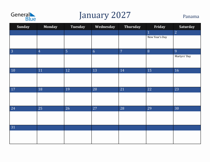 January 2027 Panama Calendar (Sunday Start)