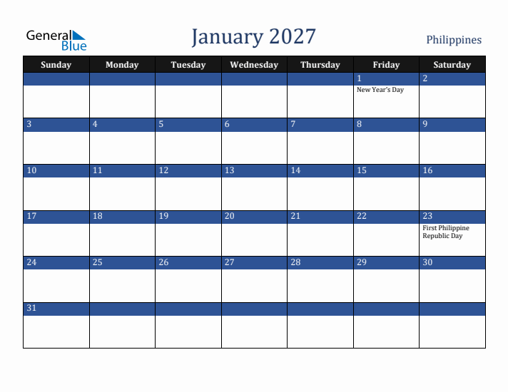 January 2027 Philippines Calendar (Sunday Start)