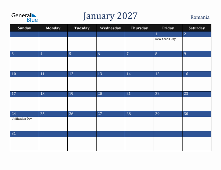 January 2027 Romania Calendar (Sunday Start)